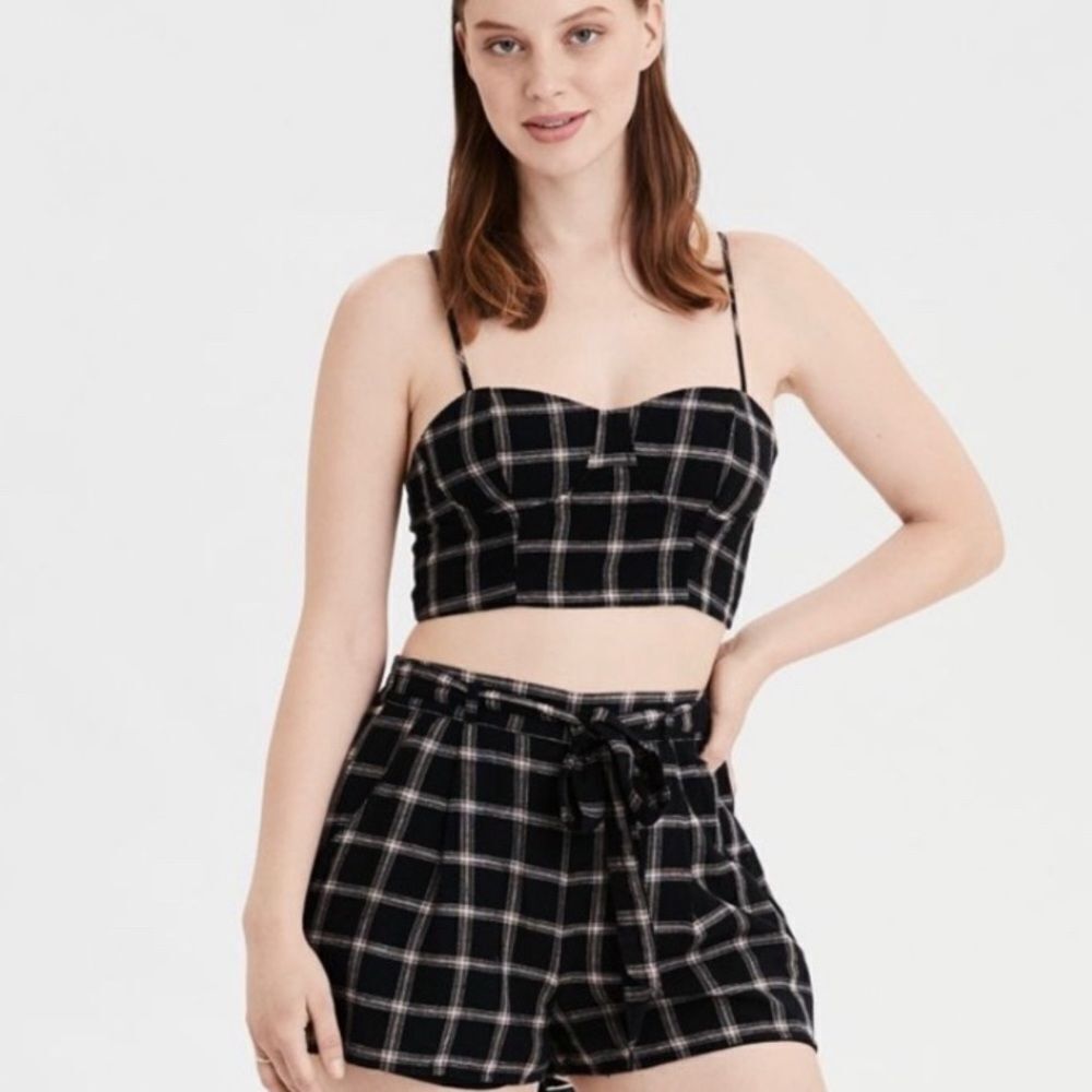 NWT American Eagle plaid paperbag tie waist linen cotton shorts